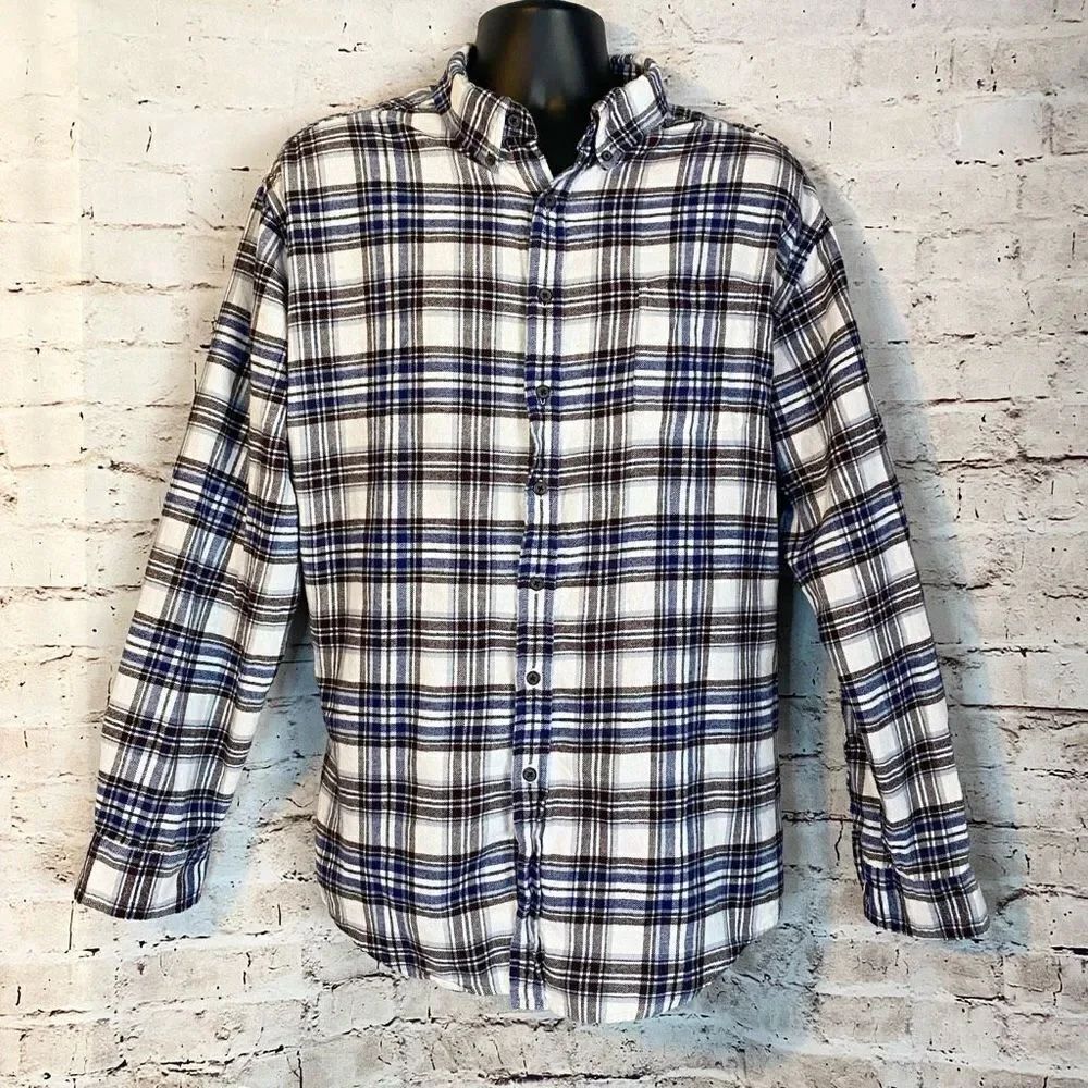 Croft & Barrow Mens Button Up Shirt Plaid Long Sleeve Flannel Brown Blue XL